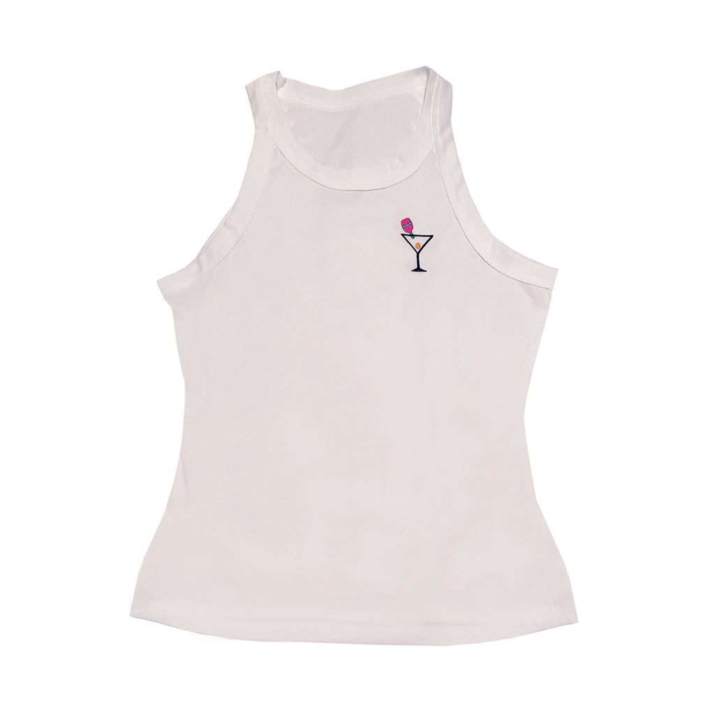 Halter Style Tank Top | White Tank with embroidered logo, pickleball sportswear, lightweight, comfortable, machine washable | Carolyn Cantalin Collections