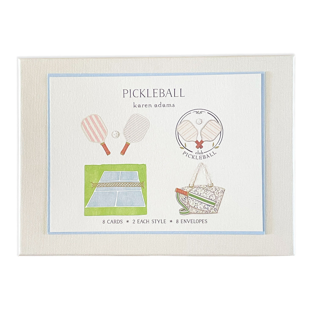 Pickleball Note Cards | Note cards and envelopes with four different "pickleball" inspired designs. 8 cards and 8 envelopes, measures 5.5” x 4.25” | Carolyn Cantalin Collections