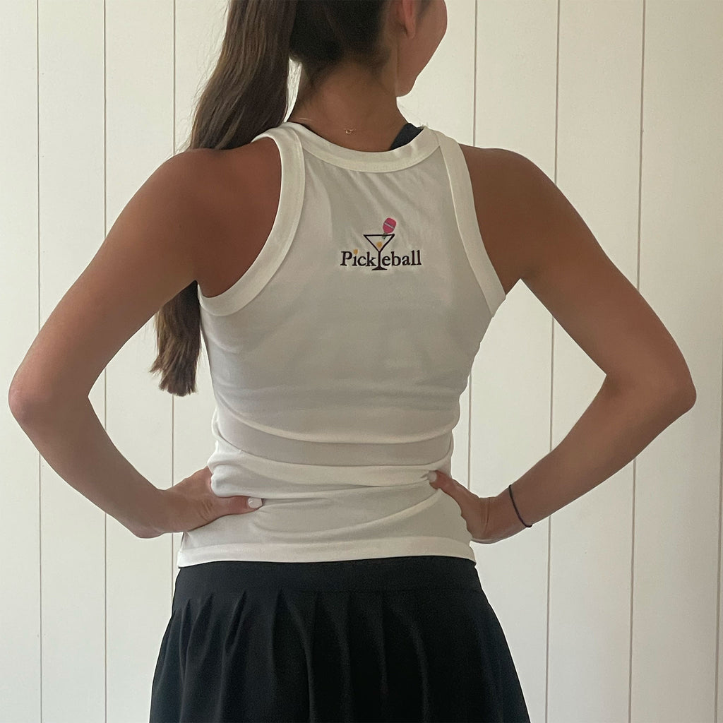 Halter Style Tank Top | White Tank with embroidered logo, pickleball sportswear, lightweight, comfortable, machine washable | Carolyn Cantalin Collections