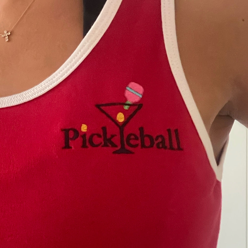Classic Red Tank Top | Red Tank with white trim and embroidered logo, pickleball sportswear., lightweight, comfortable, machine washable | Carolyn Cantalin Collections