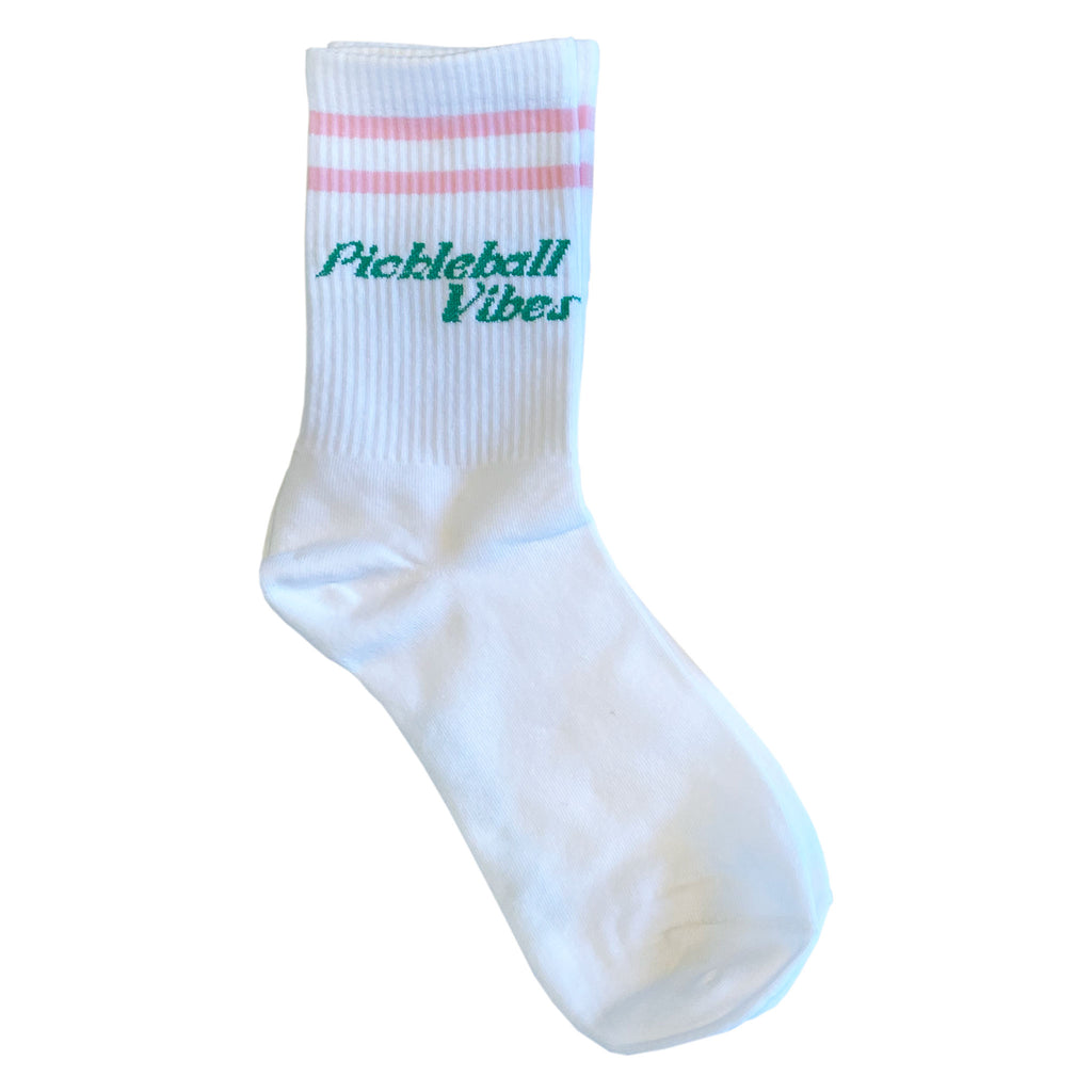 Women’s Pickleball socks | Super cute high-quality white socks with pink and green pickleball vibes design | ¾ length, 90% Cotton 10% Lycra | Machine washable | Carolyn Cantalin Collections