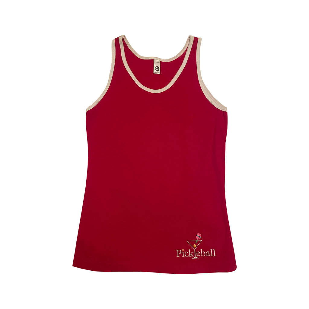 Classic Red Tank Top | Red Tank with white trim and embroidered logo, pickleball sportswear., lightweight, comfortable, machine washable | Carolyn Cantalin Collections