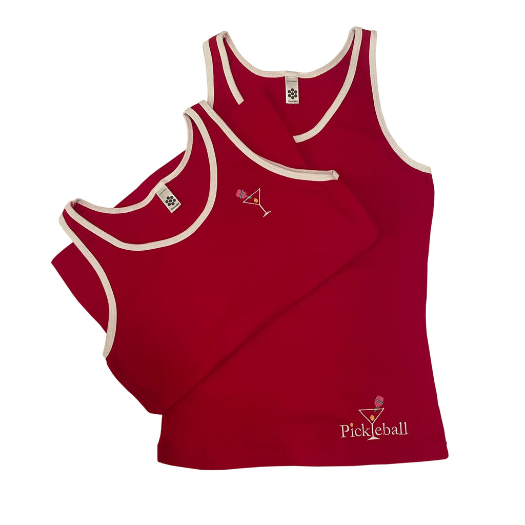 Classic Red Tank Top | Red Tank with white trim and embroidered logo, pickleball sportswear., lightweight, comfortable, machine washable | Carolyn Cantalin Collections