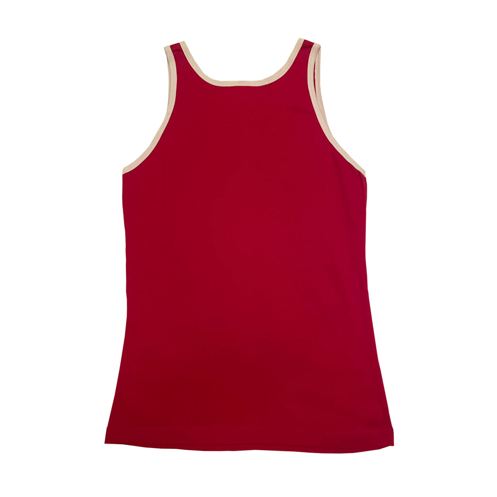 Classic Red Tank Top | Red Tank with white trim and embroidered logo, pickleball sportswear., lightweight, comfortable, machine washable | Carolyn Cantalin Collections